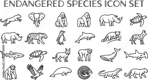 Photography Endangered Species Icon Set - Black and White Line Art of Wildlife for Conservat