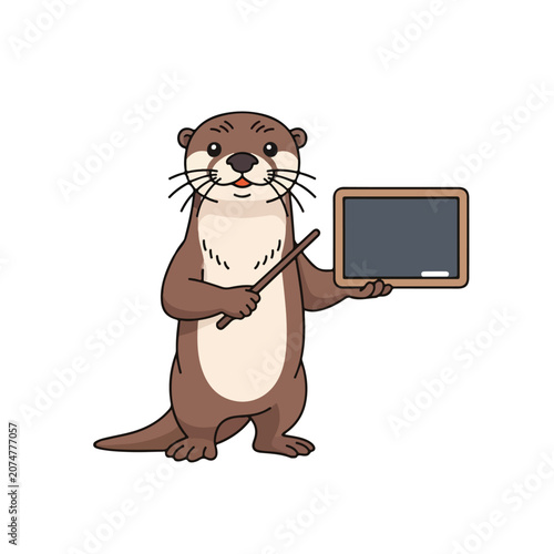 Bild auf Leinwand A cute brown cartoon otter stands and holds a small blackboard and a pointer stick, looking like a teacher ready to give a lesson