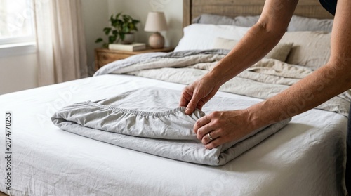 Realistic close-up of hands folding fitted bedsheet neatly on mattress, bedroom scene, no face