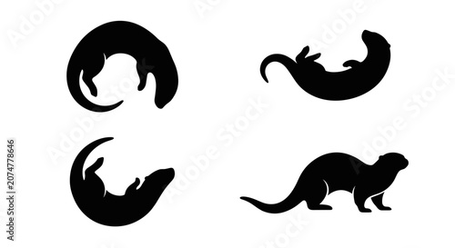 Otter silhouettes showing various swimming and standing poses