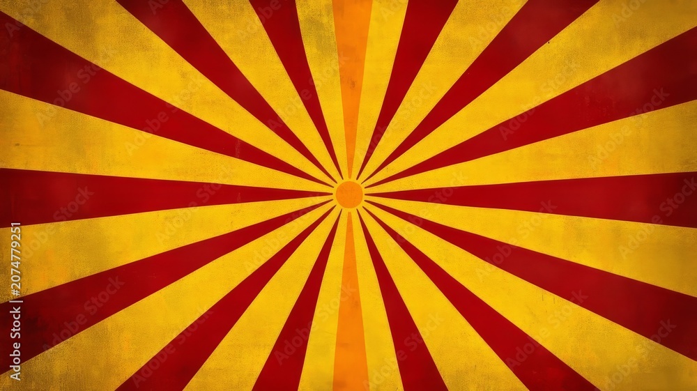 Obraz premium Vintage retro sunburst background with red and yellow radial rays pattern illustration.