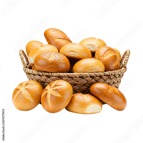 Assorted fresh golden bread rolls in a wicker basket on white