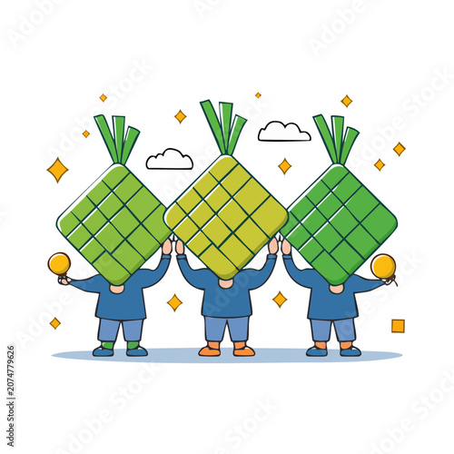 Three people holding ketupat in flat illustration style