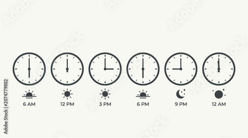 Set of clocks showing different times of day with sun and moon icons.