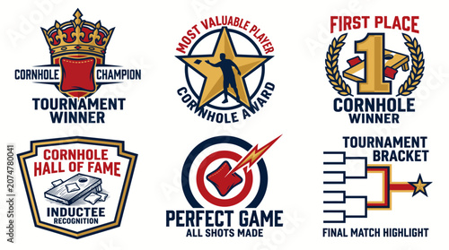 Set of Cornhole Tournament Winner and Hall of Fame Badges.