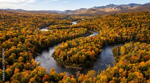 River winding through autumn forest, aerial drone view, golden canopy, no people
