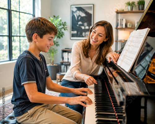 Boy Learning Piano With Teacher