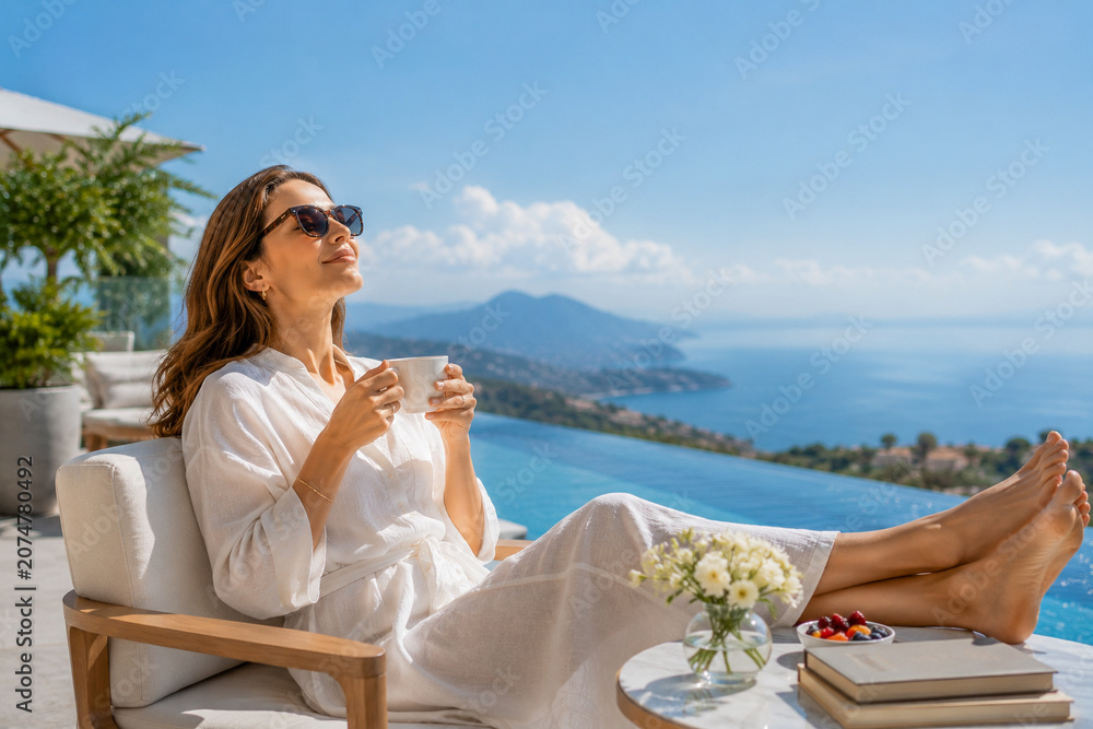 Obraz premium Woman Relaxing On Ocean View Balcony