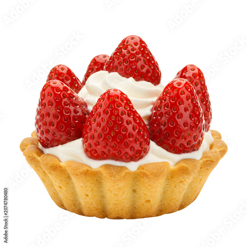 Fresh strawberry tart with whipped cream on white background