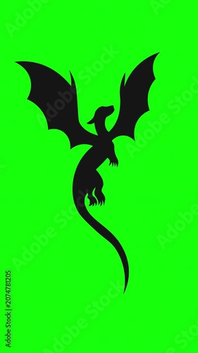 Black dragon silhouette flying on green screen background