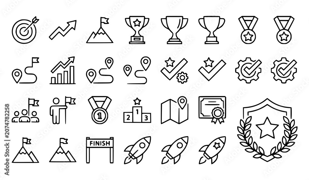 Fototapeta premium Success and Achievement Line Icons Set - Trophy, Medal, Target, Growth Chart, Mountain Peak, Rocket Launch, Winner Podium, Certificate, Goal, Leadership Vector Icons Collection