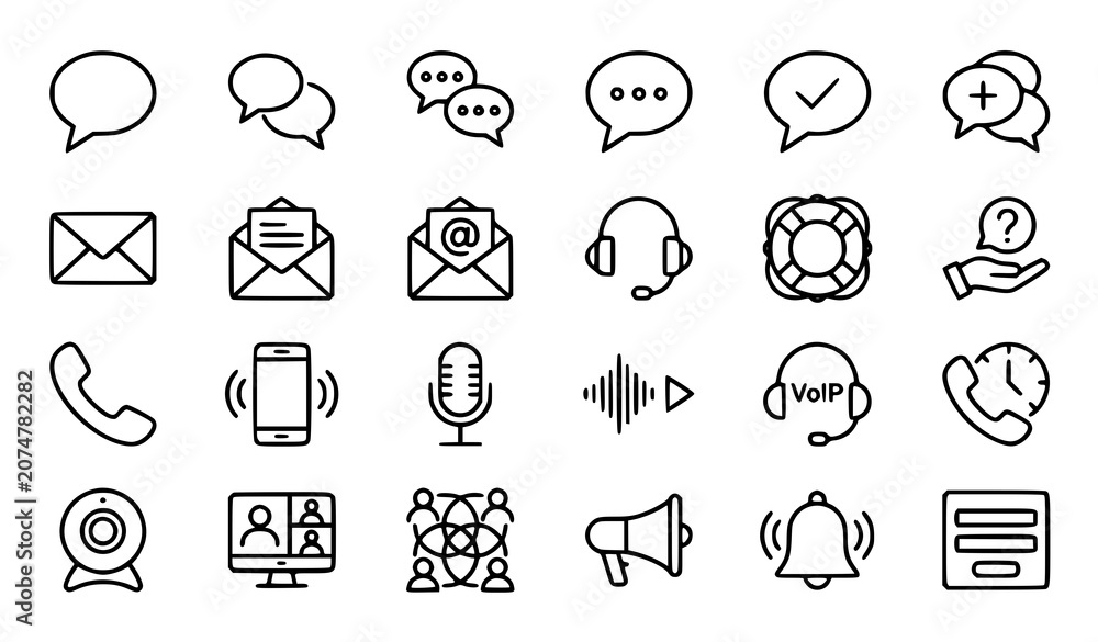 Fototapeta premium Communication and Customer Support Line Icons Set - Chat Bubble, Email, Headset, Phone Call, Microphone, Megaphone, Notification Bell, Video Call, Social Network Vector Icons Collection