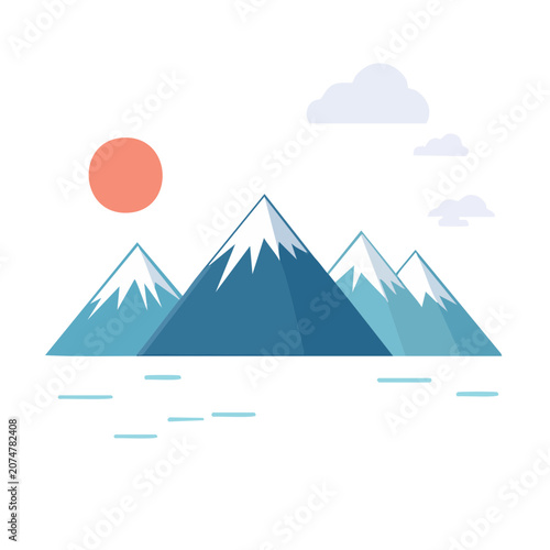 Flat vector illustration of mountain range with sun and clouds