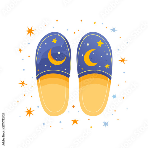 Flat vector illustration of slippers with moon and stars pattern