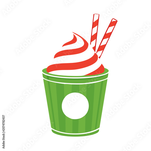 Green cup with red and white soft serve ice cream and candy cane straw