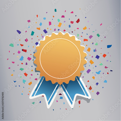 Orange award badge with blue ribbon and confetti
