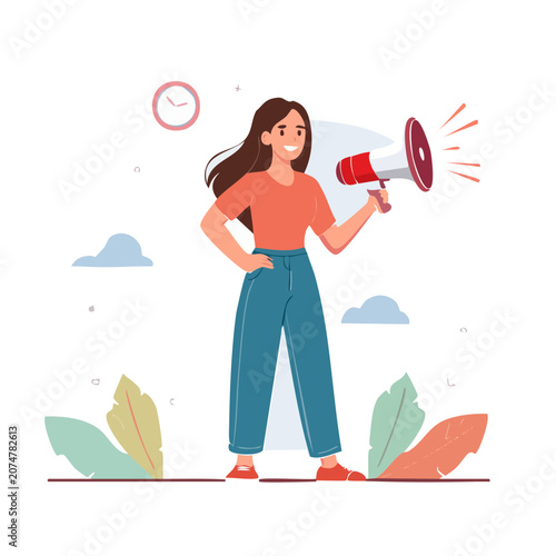 Woman holding megaphone flat vector illustration