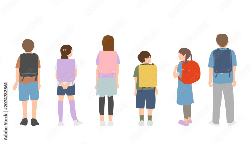 Fototapeta premium ランドセルを背負った小学生の後ろ姿セットのイラスト