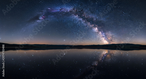 Stunning Milky Way Galaxy Reflecting Majestically in a Serene Lake Under a Dark Night Sky