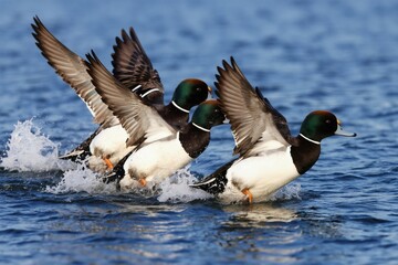 Four tufted ducks splash on blue water with wings spread ready for flight. Birds take off from lake surface, showing white bellies and dark bodies. Nature wildlife action in motion.