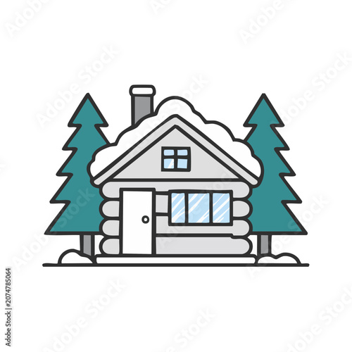 Winter log cabin with snow and pine trees vector illustration