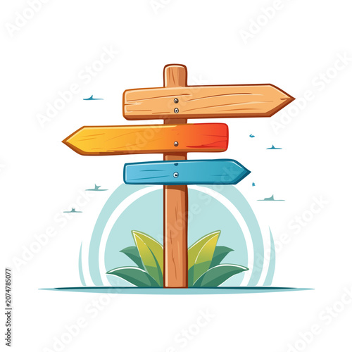 Wooden signpost with multiple directional arrows and leaves