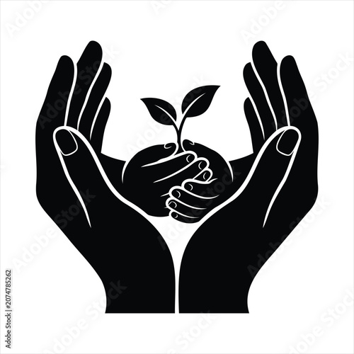 Silhouette mother and child hands holding growing plant for mother's day