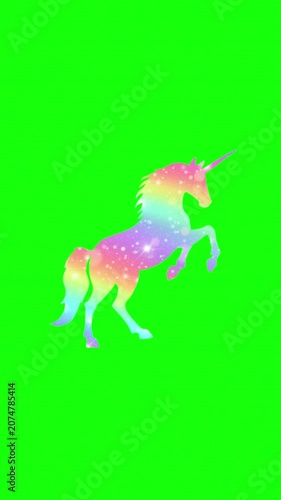 Rainbow unicorn silhouette galloping on chroma key green background