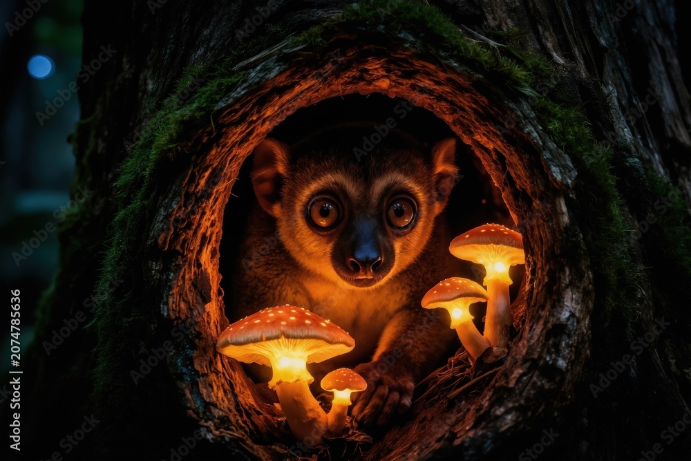 Fototapeta premium Aye aye lemur sits in dark tree hollow near glowing mushrooms. Nocturnal primate looks with big eyes. Wildlife at night in its natural habitat.
