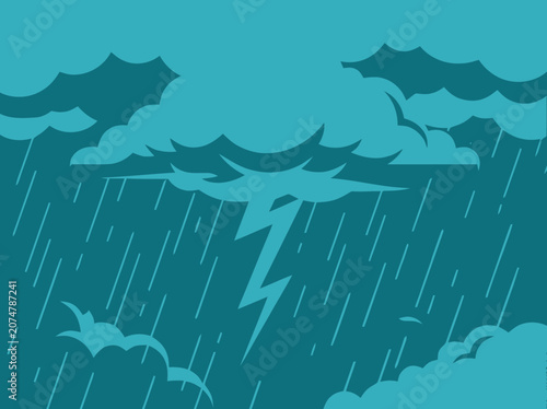 Monochromatic stormy weather with lightning, rain, and clouds in teal blue.
