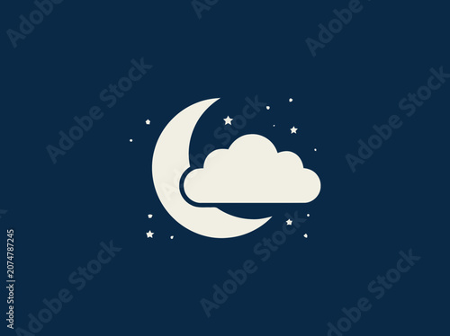 Crescent moon partially hidden by cloud, surrounded by stars on dark blue background