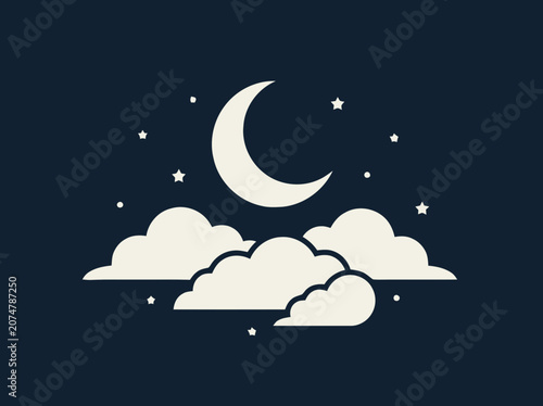 Stylized Crescent Moon with Clouds and Stars on Dark Blue Night Sky