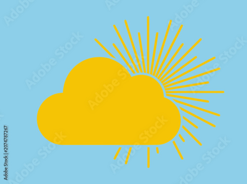 Sunny cloud icon with sun rays on blue background