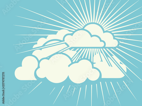 Sunbeams shining through fluffy clouds against a bright blue sky