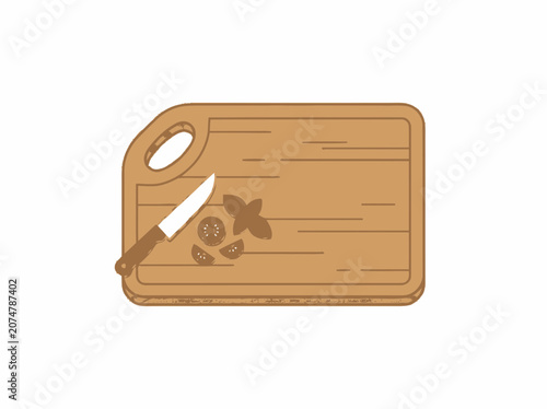 Wooden Cutting Board with Knife, Tomato Slices, and Basil Leaves
