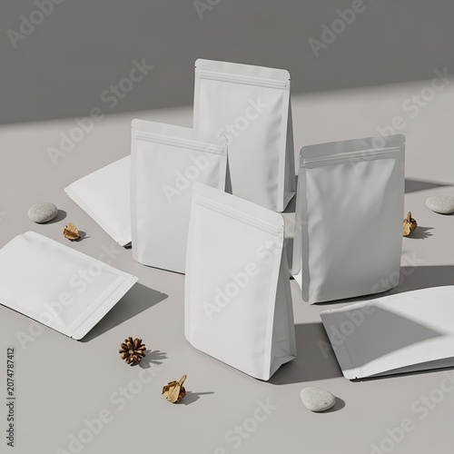 Blank White Pouches Arranged Artistically on a Neutral Surface.