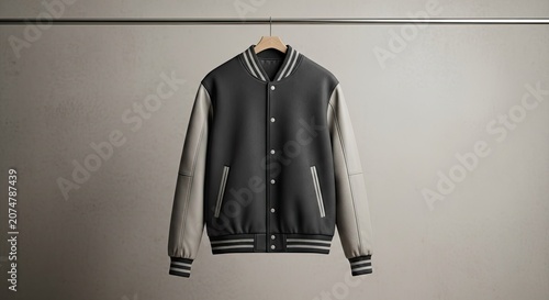 Classic Varsity Jacket Hanging on a Metal Rod.