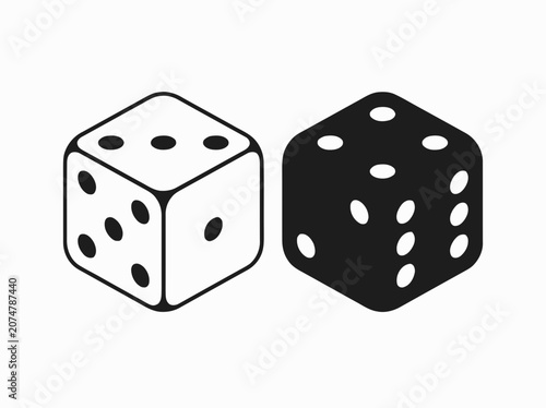Two dice, one white and one black, showing dots against a white background