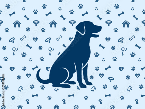 Dark Blue Dog Silhouette Sitting on a Light Blue Background with Pet Icons