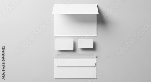 Clean White Stationery Mockup with Envelopes and Cards on a Light Background.