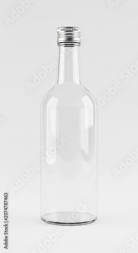 Clear Glass Bottle with Silver Cap Isolated on White Background.