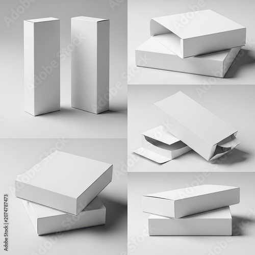 Collection of Blank White Cardboard Boxes in Various Arrangements.