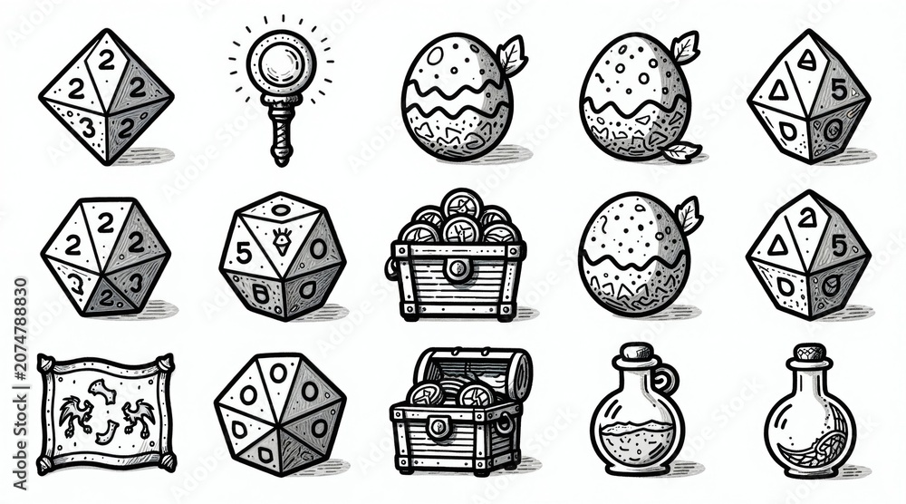 Fototapeta premium Fantasy game icons dice, magic staff, dragon eggs, treasure chests, medieval map, potion bottles. Hand drawn doodle style, adventurous themes. Great for tabletop RPGs, digital games, or fantasy art.