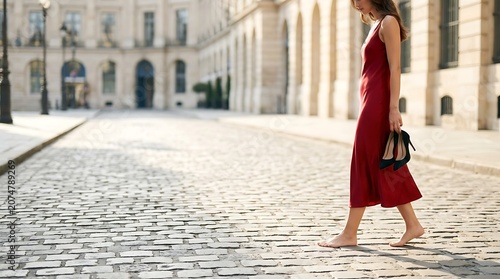 Red Dress Walk with High Heels