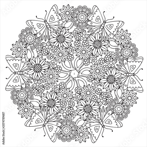 Intricate black and white floral mandala with butterflies isolated on white background, Vector, illustration