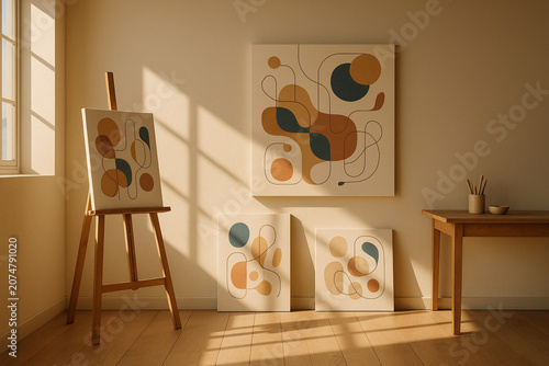 Minimalist Artist Studio with Abstract Paintings and Warm Sunlight