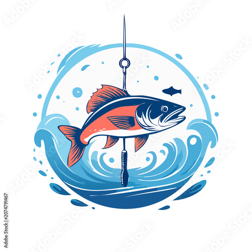 Flat illustration of fish caught on fishing hook