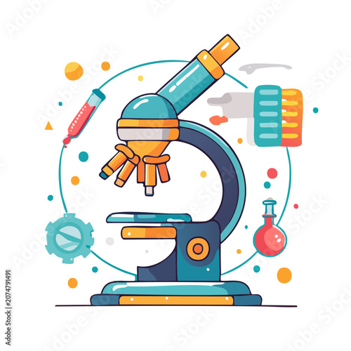 Flat vector illustration of a microscope with lab elements