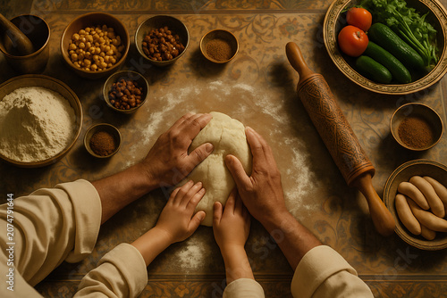 Father and Child Kneading Dough Together in a Rustic Kitchen