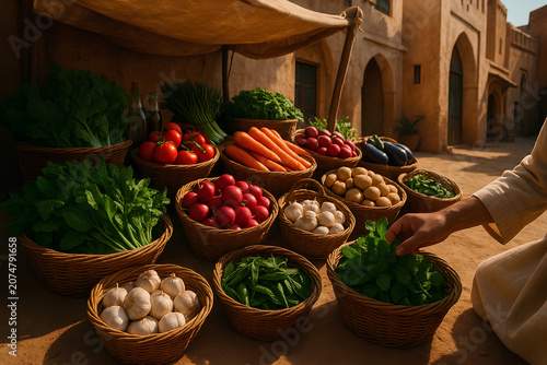 Fresh Organic Vegetables in Baskets at an Ancient Middle Eastern Outdoor Marketplace